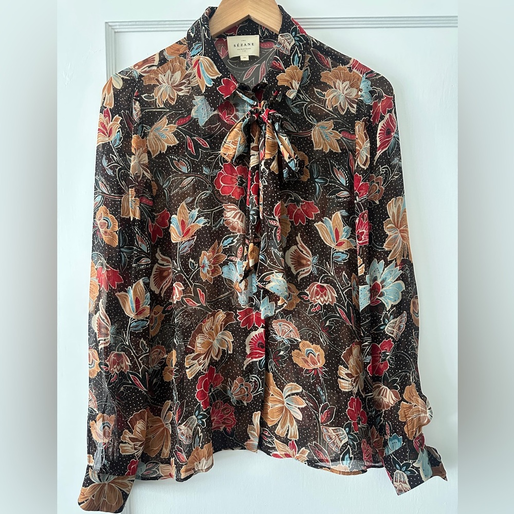 Sezane Multicolor Floral Blouse with Bow